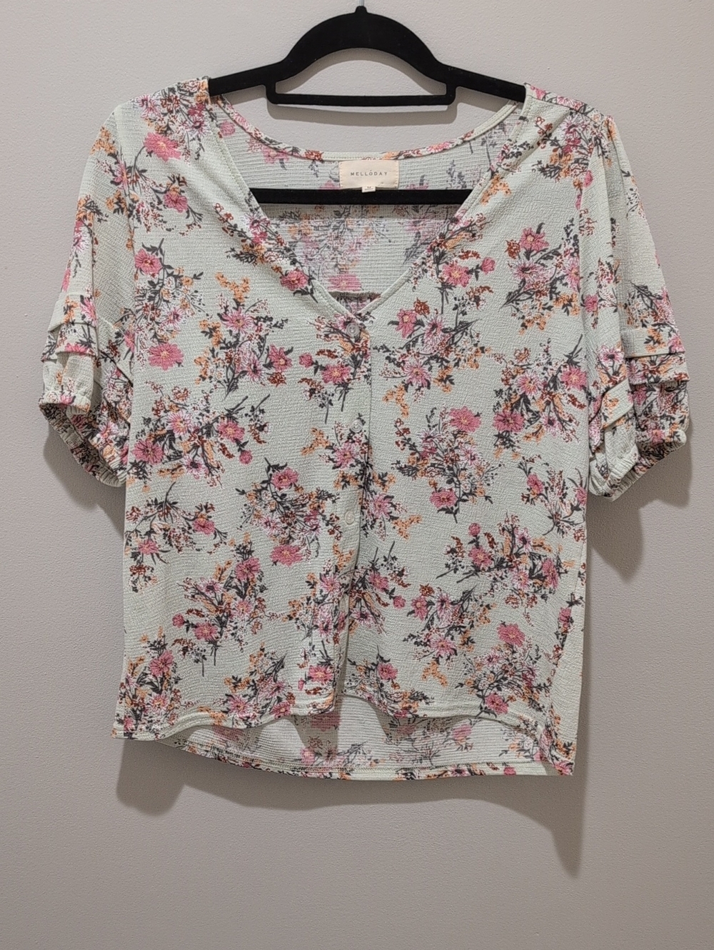Melloday Mint Floral V-Neck Short Sleeve Top